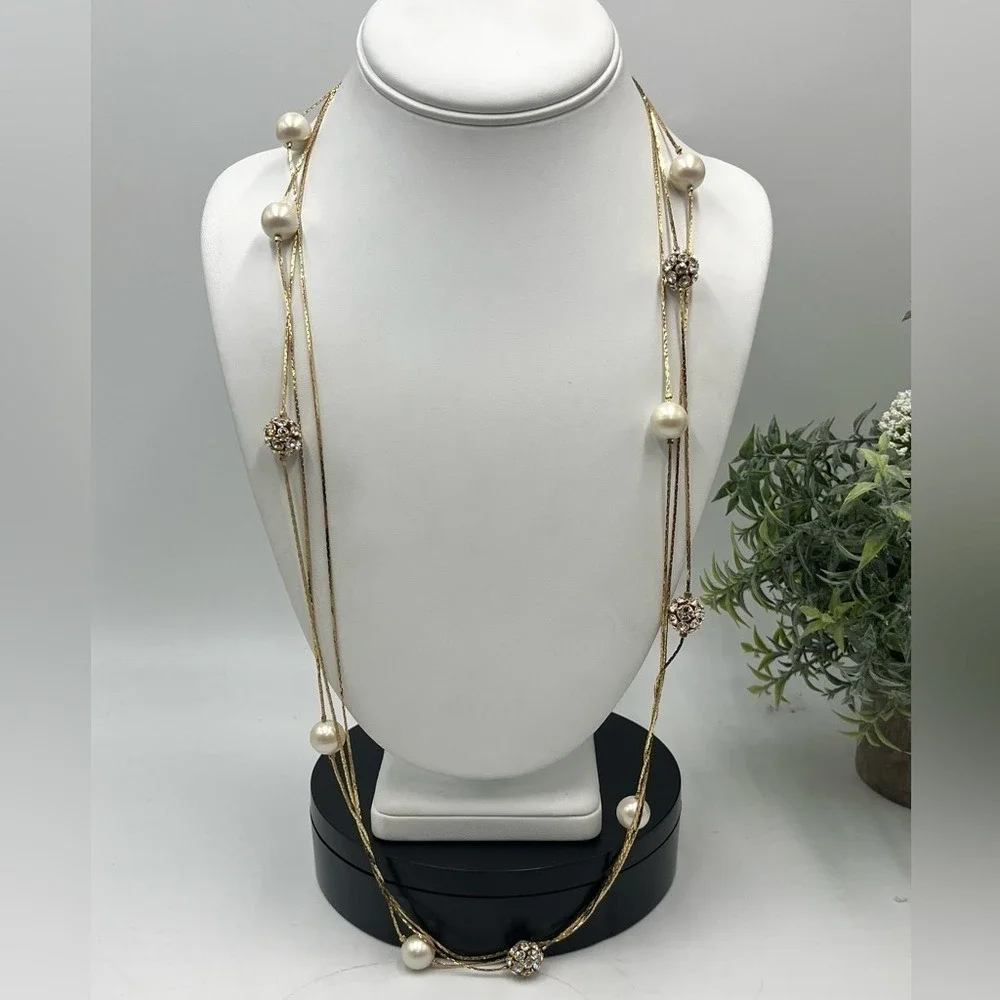 Kate Spade NY Gold Plated Triple Strand Faux Pearl Pave Beads Long Necklace